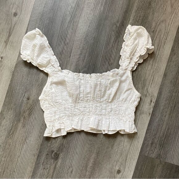 H&M Puff Sleeve Top White Large Ruffle Smocked Elastic Stretch - Picture 8 of 12